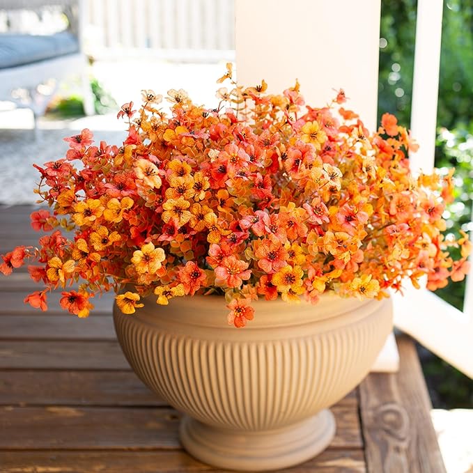 Artificial Fake Plants Flowers for Outdoor Fall Autumn Decoration, 12 Bundles Faux Silk Orange Yellow Mums Daisy Look Real UV Resistant for Outside Home Porch Patio Planter