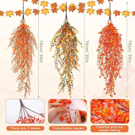 6 Pcs Artificial Fall Hanging Flowers Outdoor Silk Mum Plants Autumn Decor Faux Violet with Eucalyptus Realistic UV Resistant Trailing Vine Thanksgiving Porch Yard(Vivid Color,Eucalyptus)