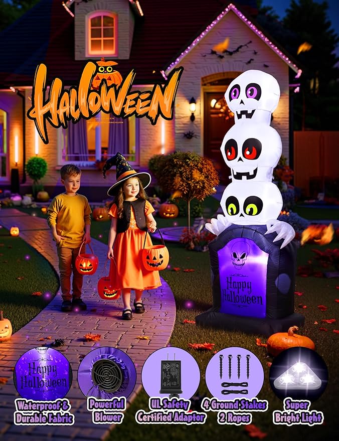 Halloween Inflatables Outdoor Decoration, Pumpkin/Tombstone/Black Cat/Ghost Tree, Cute Blow Up Yard Decor, for Outside Garage Door Graveyard Yard Porch Lawn (6.5FT Ghost+Tombstone)