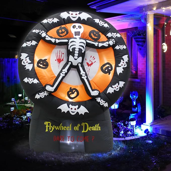 5FT Halloween Day of The Dead Skull Ghost Death Flywheel Inflatable Outdoor Decoration with Built-in LED for Indoor Party Garden Lawn Decoration