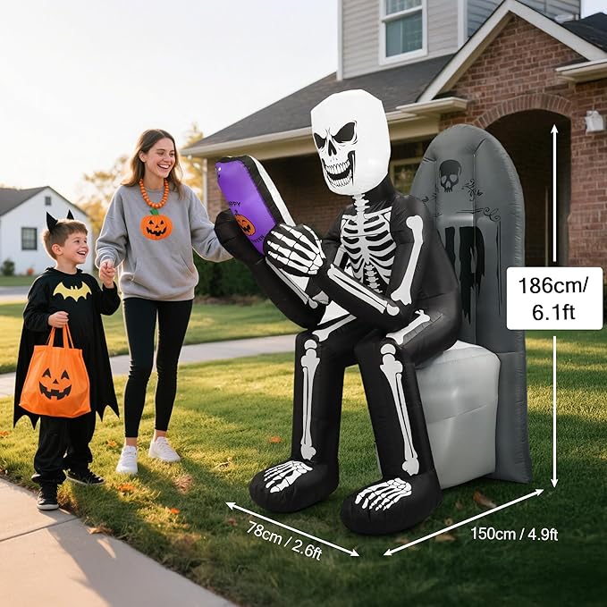 BLOOMWIN 6.1 FT Halloween Inflatable Outdoor Decoration Skeleton & Tombstone Halloween Inflatable Blow Up Yard Decorations with LEDs for Halloween Holiday Party Outdoor Garden Yard Lawn Indoor Decor