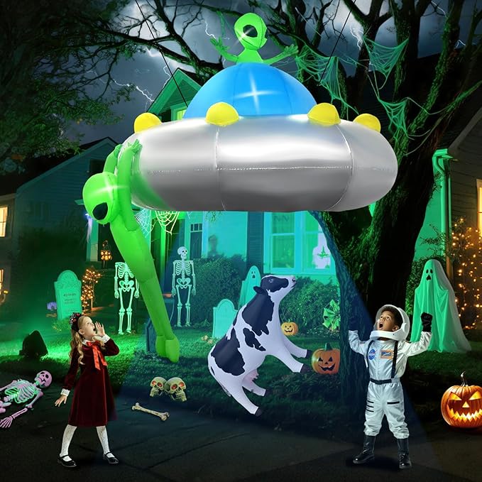 Kalolary 6FT Halloween Inflatable Hanging Alien UFO Outdoors Decoration, Blow Up Yard Decorations Scary Alien Inflatable with Build-in LED Lights for Halloween Party Garden Lawn Indoor Outdoor Decors