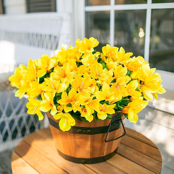 Artificial Flowers for Outdoors, 3 Bundles Fake Silk Azalea Bouquet Faux Flower Plants Outside Decoration UV Resistant Realistic Fake Flowers for Planter Front Door Patio Garden Walkways Home, Yellow