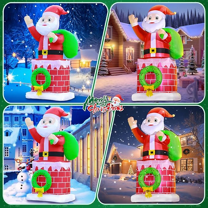 DomKom Christmas Inflatables Outdoor Decoration, 6 FT Chimney Santa Claus with Gift Bag Blow up Build-in Led Light Party Lawn Holiday Winter Outside Decor