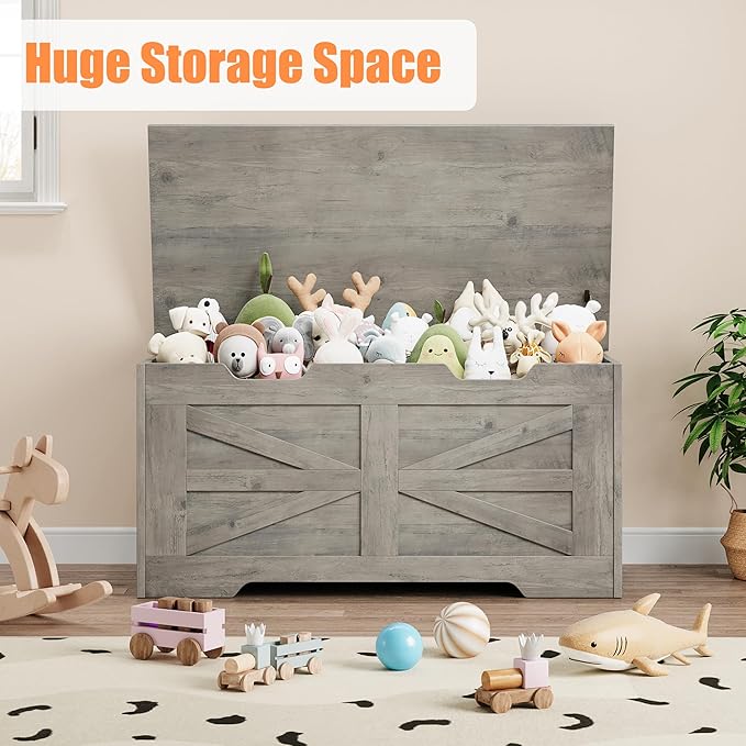 IDEALHOUSE Storage Chest, 39.4" Toy Chest for Boys Girls, Kids Wood Large Toy Box, Storage Bench with Safety Hinge, Farmhouse Storage Trunk for Entryway, Living Room, Bedroom, Playroom, Greige