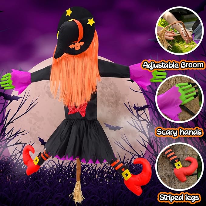 Large Crashing Witch Decor(55'' H), Halloween Decorations Clearance Outdoor Witch Props Ornaments, Hanging into Tree/Porch Pole/Door/Yard, with Adjustable Band, Outside Garden Funny Witches Crashed