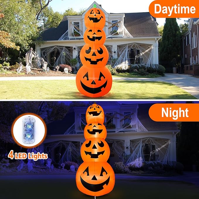 12FT Giant Halloween Inflatable Four-Story Pumpkin Decoration, Blow up Halloween Pumpkins Inflatable Built-in 4 LEDs for Halloween Inflatables Outdoor Decoration Haunted House Party Parade