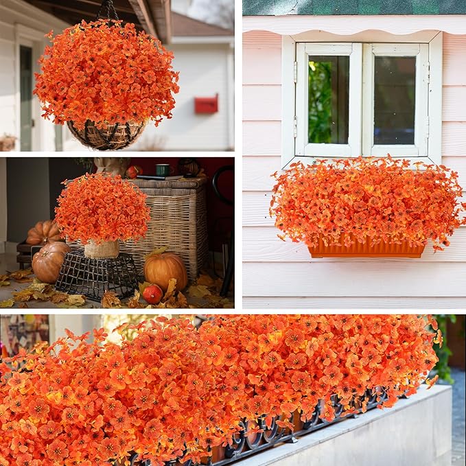 Fall Flowers Artificial for Decoration, Artificial Fall Mums Flowers for Outdoors, Fake Flowers Daisy Eucalyptus Realistic UV Resistant for Garden Patio Porch Home Decor (12, Orange-Yellow Leaves)