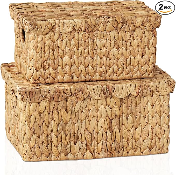 FairyHaus Wicker Basket with Lid, Scalloped Wicker Storage Basket with Removable Tray Lid, Handwoven Natural Water Hyacinth Bakests with Handles for Nursery 2Pack, 15 x 11.22 x 7 & 13 x 9.45 x 5.9