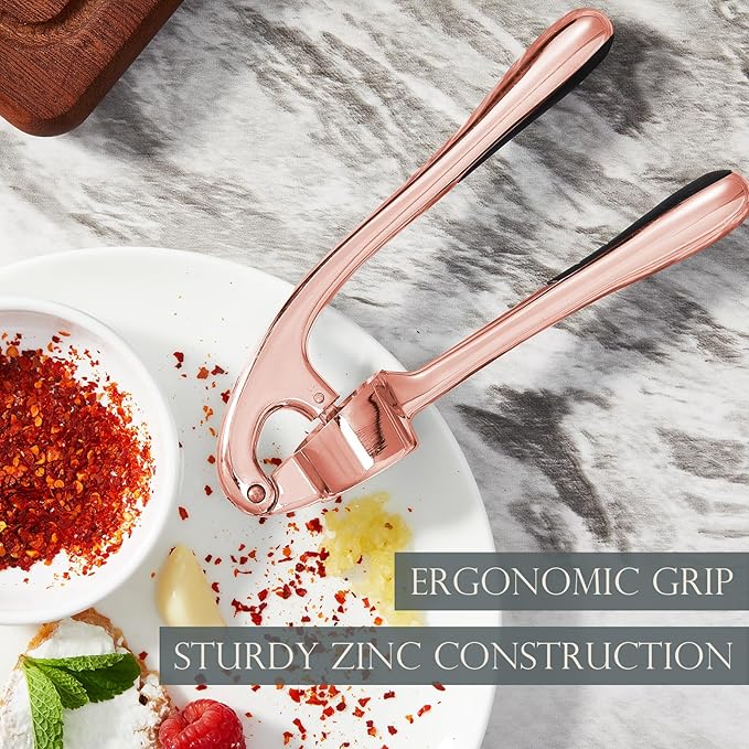 Premium Garlic Press, Professional Garlic Mincer, Easy to Squeeze and Clean, Rust Proof & Dishwasher Safe, Efficient Ginger Crusher - Rose Golden