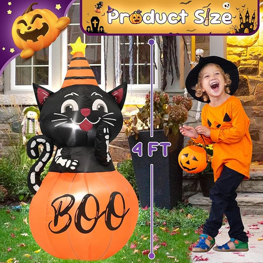 4FT Halloween Inflatable Decor Pumpkin Cat Helloween Blow Up Decoration with LED Lights Indoor Outdoor Yard Graden Party Holiday Decor