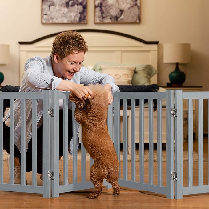 LZRS 4-Panel Wooden Free Standing Foldable Dog Gate – 24" High, Extra Wide Step-Over Safety Pet Gate for Doorways, Stairs, Hallways, Large Spaces & Playpen for Puppies Indoor Use, Grey