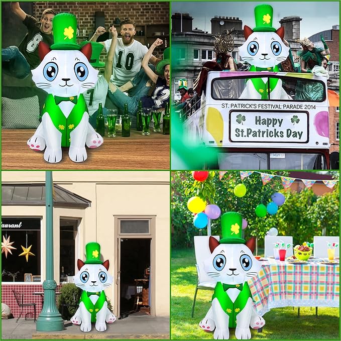 5Ft St. Patrick's Day Inflatable Outdoor Decoration Blow Up Cute Cat Wearing Lucky Shamrocks Hat with LED Lights St Patricks Day Decorations Yard Garden Lawn Home Party Indoor