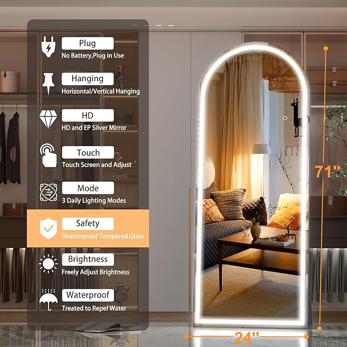 Hasipu 71" x 24" Led Mirror Full Length, Full Length Mirror with Lights Arch Design,Tempered Glass,Shatter-Proof, Dimming & 3 Color for Bedroom Cloakroom-UL