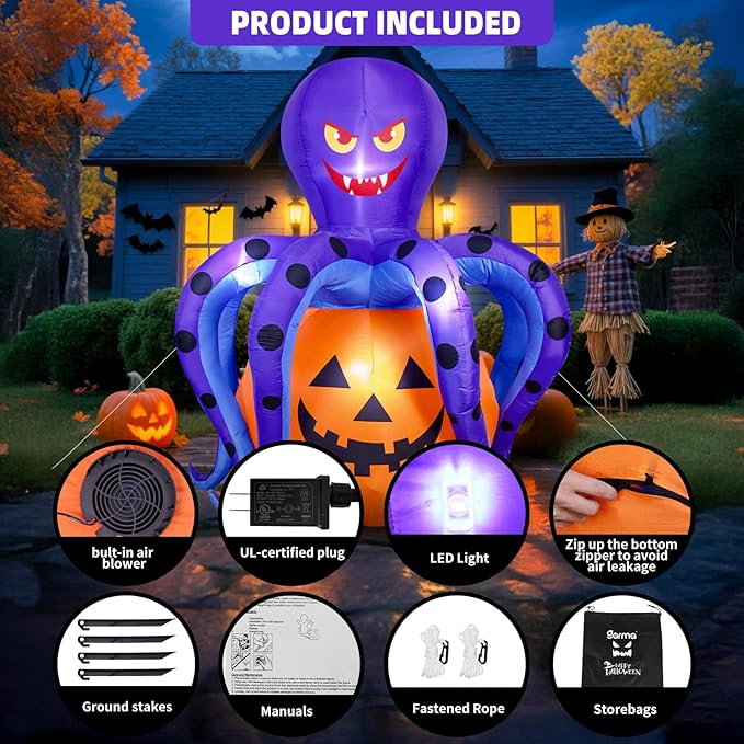 Garma 6.2 FT Halloween Inflatables Decorations Outdoor - Octopus Pumpkin Blow Ups Yard Decoration with Built-in LEDs for Halloween Party Outdoor & Indoor Yard Garden Lawn Decor