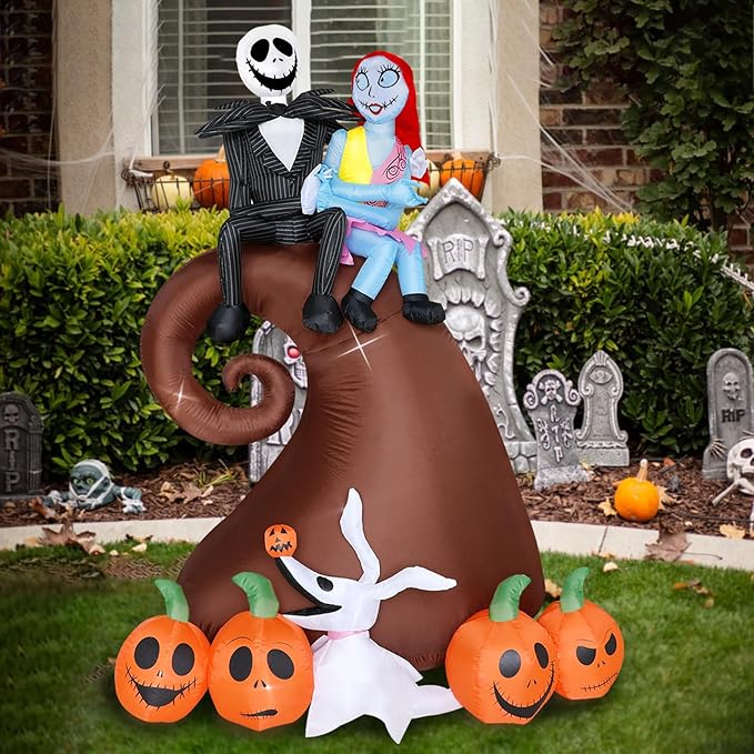 6 Ft Inflatable Halloween Outdoor Yard Decoration - Halloween Hill Skeleton Couple with Pumpkin Multi-Element Blow Up Decoration - Built-in LED Lights - for Yard Lawn Decorations