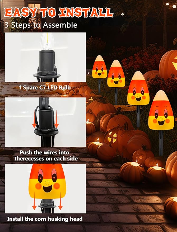 Halloween Candy Corn Lights Outdoor,4PCS Halloween 3D Candy Corn Pathway Lights with Stake,Waterproof Cute Candy Corn Decorations Light for Lawn Driveway Garden Yard Party Decor