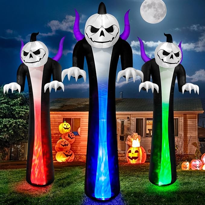 12FT Halloween Inflatables Decoration Outdoor Giant Pumpkin Reaper Ghost Built-in 3-Colored Rotation Flame LED Halloween Blow Up Yard Decorations Spooky Outdoor Party Yard Lawn Decor(1PCS)