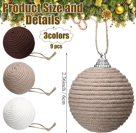 Syhood 9Pcs 9 Pcs 2.36 Inch Christmas Ball Ornaments Boho Farmhouse Jute Rope Hanging Balls Burlap Neutral Rustic Ornaments for Xmas Tree Holiday Wreath Garland Wedding Home(White,Beige,Dark Brown)