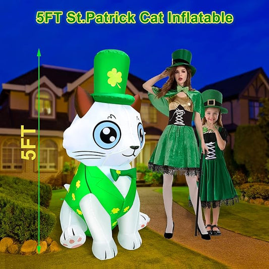 5Ft St. Patrick's Day Inflatable Outdoor Decoration Blow Up Cute Cat Wearing Lucky Shamrocks Hat with LED Lights St Patricks Day Decorations Yard Garden Lawn Home Party Indoor