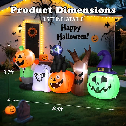 Halloween Inflatables Outdoor Decoration, Pumpkin/Tombstone/Black Cat/Ghost Tree, Cute Blow Up Yard Decor, for Outside Garage Door Graveyard Yard Porch Lawn (8.5ft Pumpkin+Black Cat)