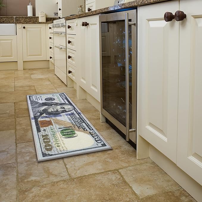 Machine Washable $100 Bill Design Non-Slip Rubberback 17x43 Modern Runner Rug for Hallway, Kitchen, Bedroom, 17" x 43", Multicolor