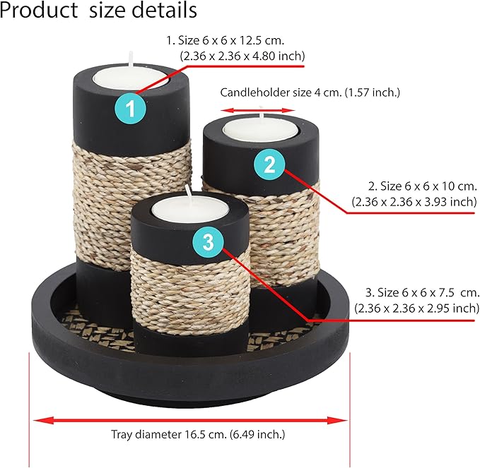 IYARA CRAFT Tealight Candle Holders with Tray – Set of 3 Handmade Wooden Candle Holders with Natural Rope Accent – Rustic Black Decor for Table Centerpiece, Office or Gift