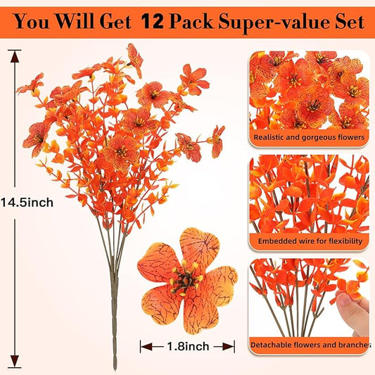 Fall Flowers Artificial for Decoration, Artificial Fall Mums Flowers for Outdoors, Fake Flowers Daisy Eucalyptus Realistic UV Resistant for Garden Patio Porch Home Decor (12, Orange-Yellow Leaves)