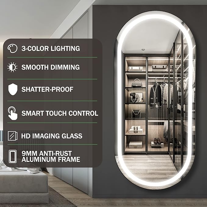 FENNIO 70" x 32" Large Luxury Wall Mounted Mirror with LED Lights - Oval Full Length LED Lighted Full Body Dressing Mirror for Bedroom, Salon, Brushed Aluminum Frame, Tempered Glass
