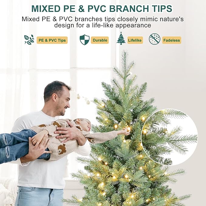 7 FT Pre-lit Artificial Skinny Christmas Tree,Blue Spruce Slim Christmas Tree with 1552 PE&PVC Mixed Branch Tips and 400 UL Listed Clear Lights,Hinged Xmas Tree with Metal Stand for Home Office Décor