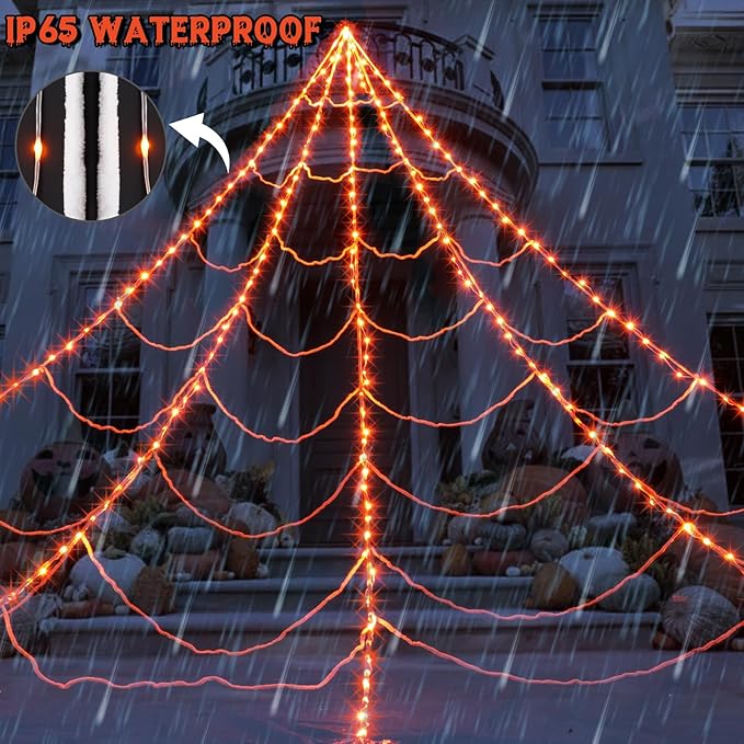 Halloween Spider Web Lights Decoration 250LED Light up Spider Webs Halloween Decorations Outdoor with 59" Large Spider & 3.53oz Stretch Cobweb 16.4Ft Giant Web with 8 Modes, Orange