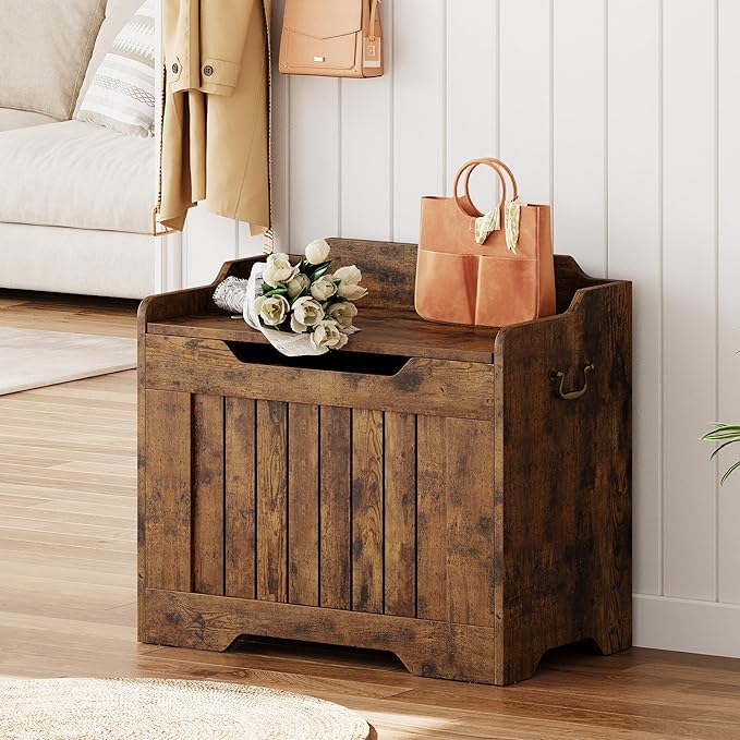 IDEALHOUSE Storage Chest, 24.8" Toy Chest for Boys Girls, Kids Wood Large Toy Box, Storage Bench with Safety Hinge,Storage Trunk for Entryway, Living Room, Bedroom, Playroom, Rustic Brown