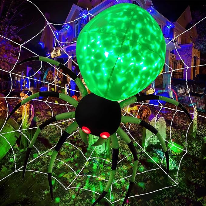8FT Wide Halloween Inflatable Outdoor Decoration, Green Spider Inflatable Halloween Decorations Built-in Rotating Green Lights Blow up Spider Decorations for Holiday Party Yard Garden