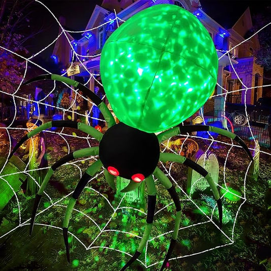 8FT Wide Halloween Inflatable Outdoor Decoration, Green Spider Inflatable Halloween Decorations Built-in Rotating Green Lights Blow up Spider Decorations for Holiday Party Yard Garden