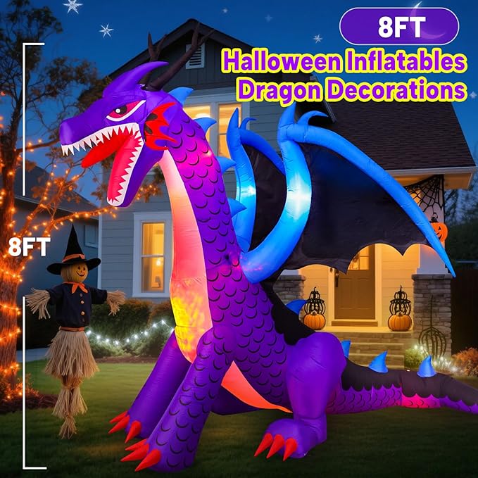 8FT Halloween Inflatables Dragon Decorations with Built-in LED Lights, Blow Up Yard Decor for Halloween Outdoor Lawn Garden Holiday Party