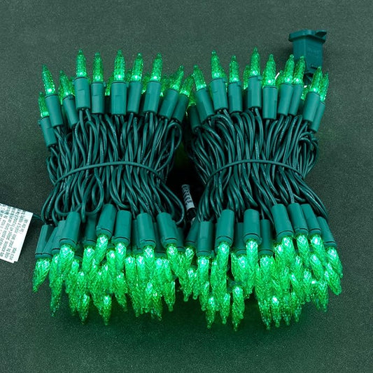 YULETIME Green Faceted LED Christmas Lights 200 Count 50 ft, Pack of 2 Strands 25 ft 100 Lights UL Certified Commercial Grade Green Wire Holiday String Light Set (Green)