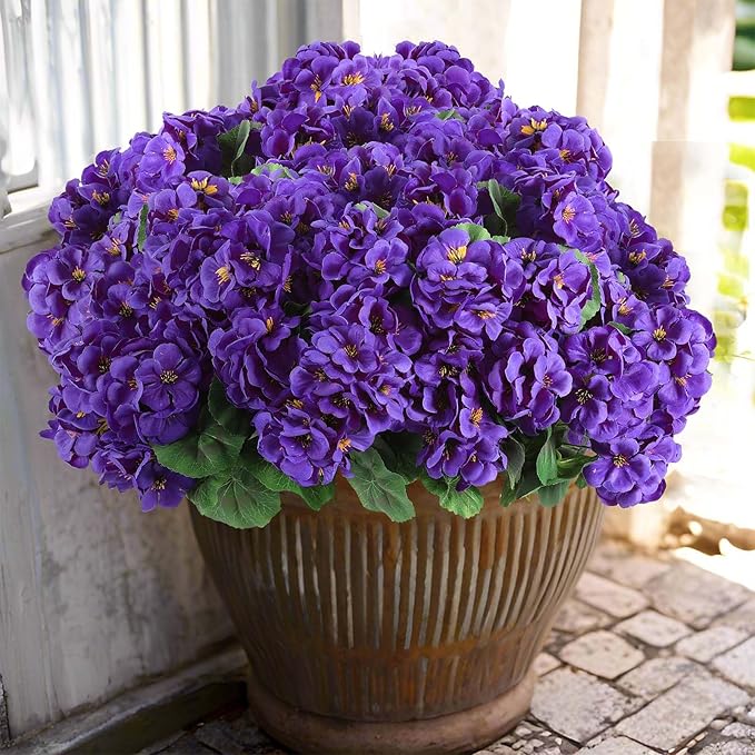 Hananona 12 Pcs Artificial Geranium Flowers for Outdoors Silk Purple Geranium Flowers Outdoor UV Resistant Plants Faux Flower for Home Kitchen Table Centerpieces Front Door Patio Decor (12, Purple)
