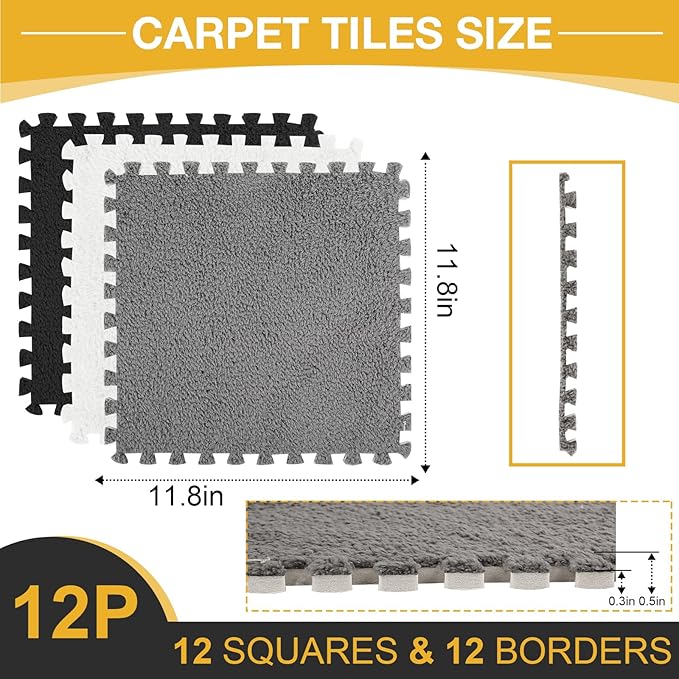 12 Pcs Plush Interlocking Carpet Tiles,Non-Toxic Foam Carpet Tiles for Toddler Baby,Machine-Washable,Anti-Slip,EVA Foam Interlocking Tiles for Floor, Nursery, Playroom,Grey White Black