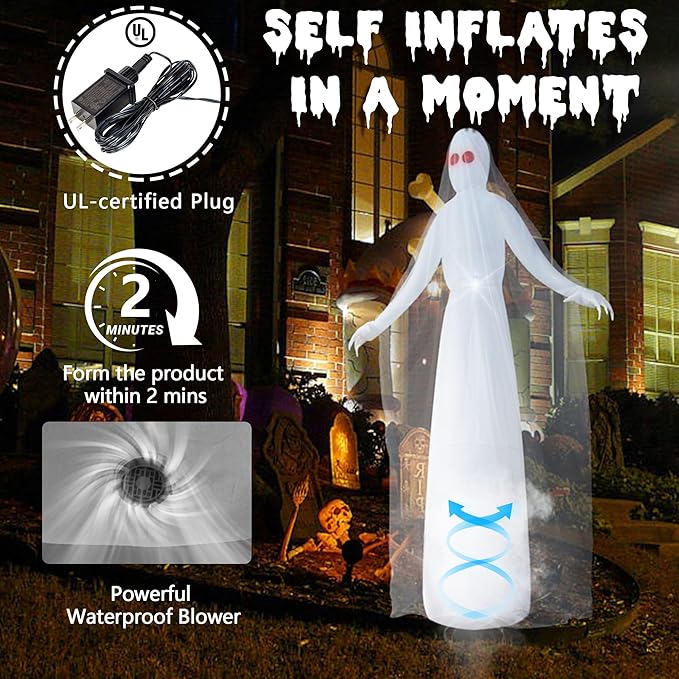 8FT Halloween Inflatables Outdoor Decorations Ghost Bride Halloween Decor Outside Blow Ups with Red Eyes LED Lights for Yard Indoor Lawn Party Porch Garden