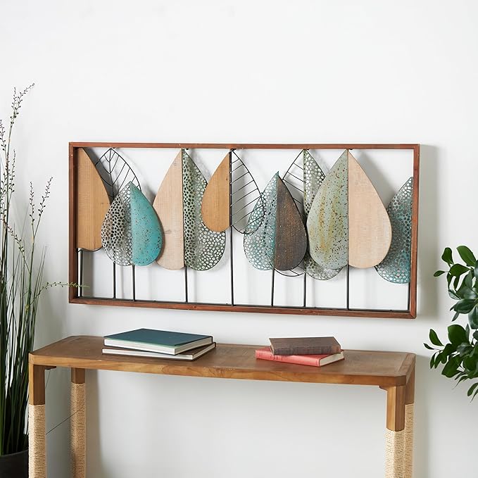 Deco 79 Wood Leaf Home Wall Decor Cutout Wall Sculpture with Green and Black Metal Wire Accents, Wall Art 47" x 3" x 22", Brown