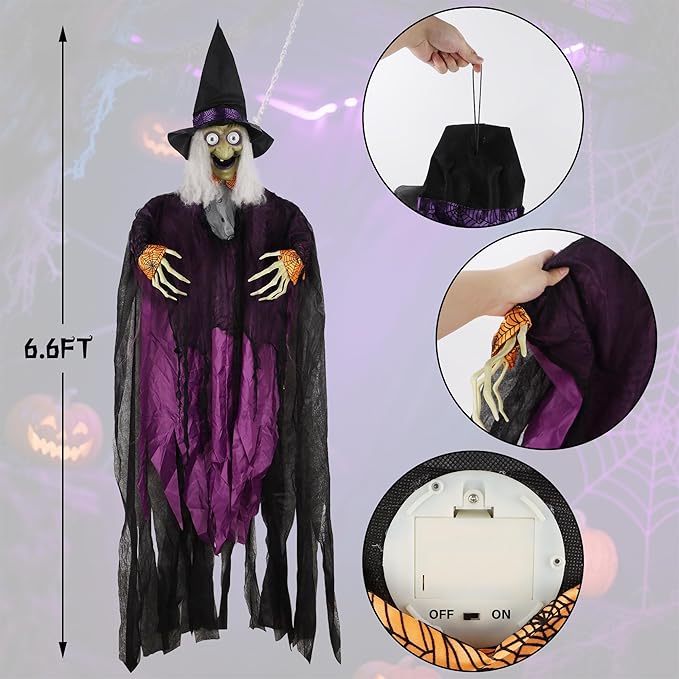 Prsildan 6.6FT Hanging Witch Halloween Decorations Outdoor, Animated Talking Witches with Color-Changing LED Eyes & Scary Sounds, Touch & Sound Sensor Halloween Decor for Yard Porch Haunted House