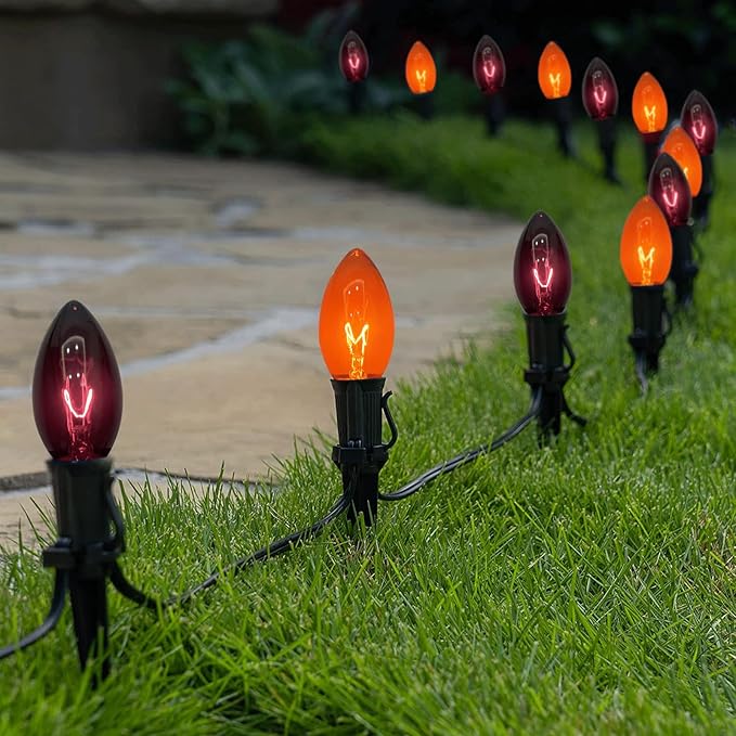 Halloween Pathway Lights Outdoor,10 Pack Halloween Party Decor Stake Lights with C9 Clear Black&Orange Bulbs,19.5Ft Extendable Waterproof Walkway Lights for Yard Porch Lawn Garden