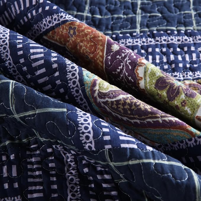 mixinni 100% Cotton Gorgeous Floral Quilt Set, King Size Quilted Bedding Set, Boho Reversible Navy Blue Patchwork Paisley Pattern Bedspread Coverlet Set with 2 Pillow Shams for All Seasons (106"x98")