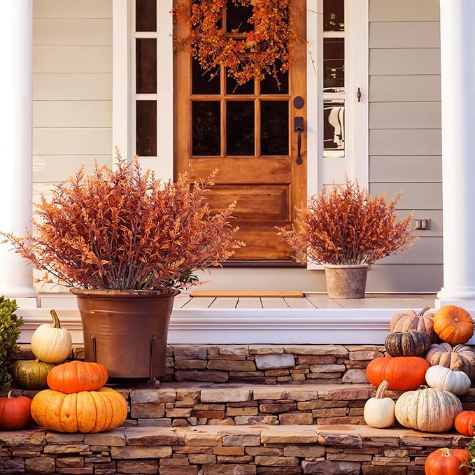 RECUTMS Fake Fall Plants for Outside Faux Lavender Flowers Fake Greenery Artificial Fall Flowers Outdoors UV Resistant Faux Autumn Plant Artificial Bushes for Bookshelf Balcony Bedroom Decor (Brown)