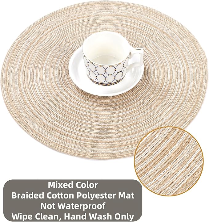 SHACOS Round Braided Placemats Set of 8 Cotton Fabric Round Table Mats Non Slip Washable 15 inch Round Place Mats (Beige, 8)