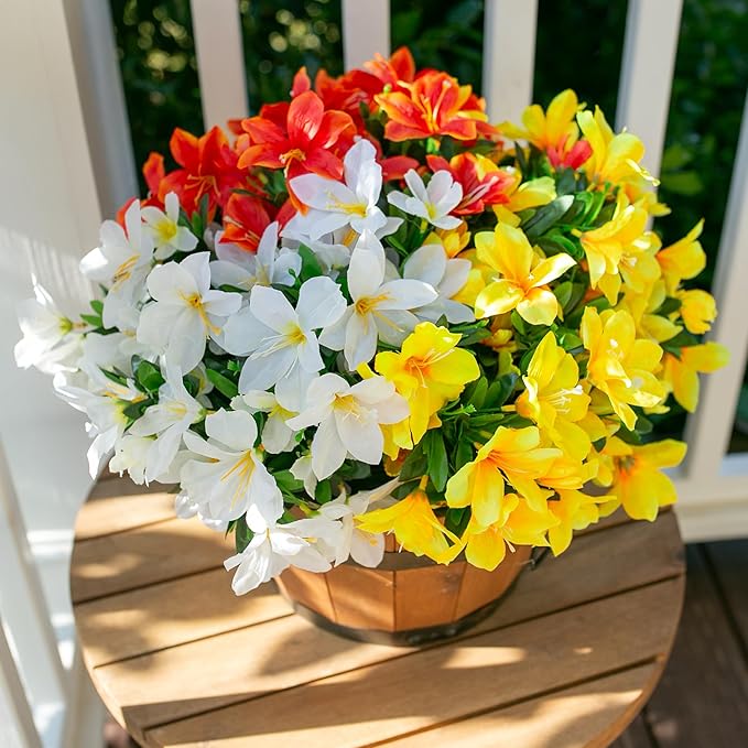 Artificial Fall Flowers for Outdoors, 3 Bundles Fake Azalea Bouquet Faux Flower Plants Outside Decor UV Resistant Realistic Silk Flowers for Planter Porch Front Door Patio Garden Walkways Home, Mix