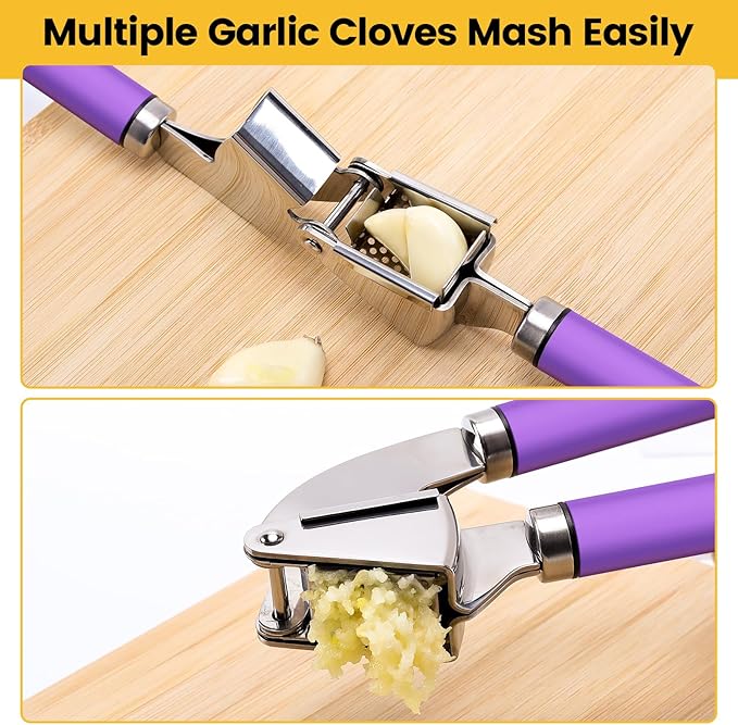 Garlic Press Mincer, 304 Stainless Steel Garlic Press with Garlic Peeler Tube, Heavy Duty Metal Ginger Press, Purple