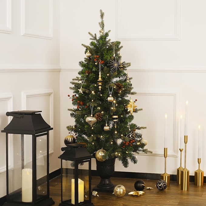 SHareconn 80pcs Christmas Balls Ornaments Set, Contemporary Light Luxury Gift Set, Shatterproof Plastic Decor for Xmas Tree Holiday Wedding Party Decorations with Hanging Strings,Black and Gold