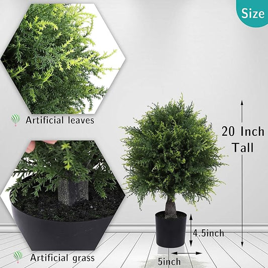 Artificial Cedar Topiary Ball Tree 20" Fake Cypress Trees Faux Evergreen Shrub Plants for Home Porch Garden Outdoors Decor Set of 2