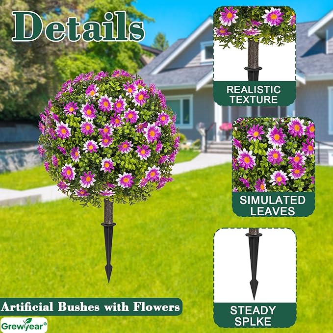 Artificial Topiary Ball with Ground Spike Set of 2, Faux Boxwoods for Outdoor Planters, UV Resistant Artificial Outdoor Plants for Porch, Fake Bushes Round Shrub with Purple Sunflower